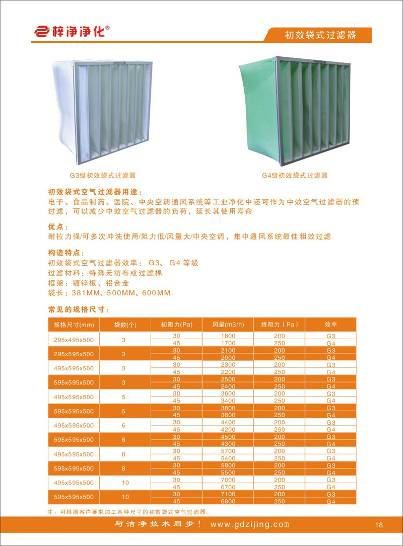 初效袋式空調過濾器型號規格尺寸